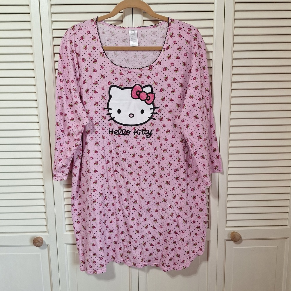 Hello Kitty Sanrio Pink Floral Polka Dot Nightgown Sleep Shirt Plus Size 1X 2X